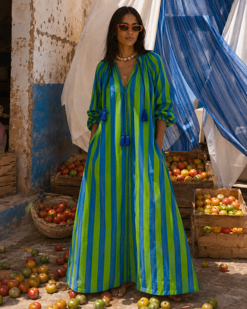 Maxi Kaftan in Blue Lagoon Print With Blue Tassels - PRE ORDER