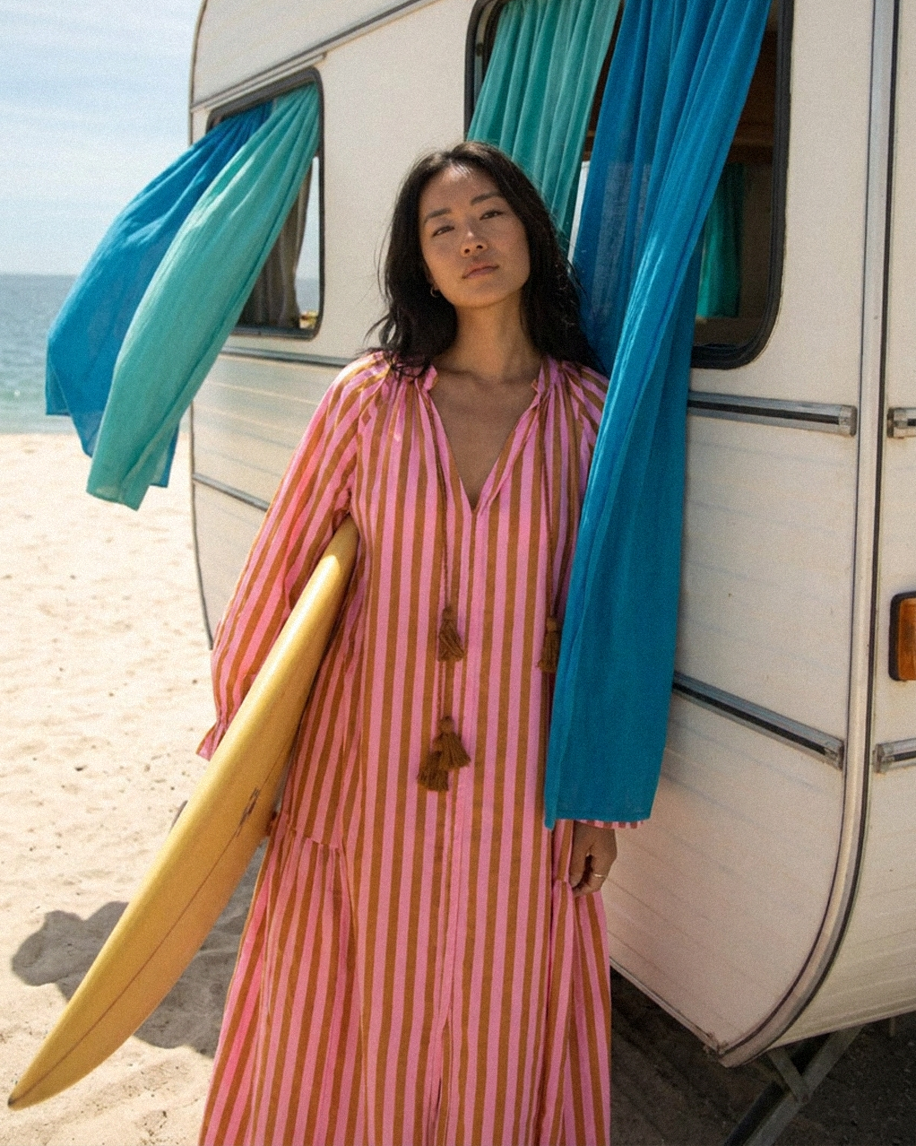 Maxi Kaftan in Golden Sunset Print With Tan Tassels - PRE ORDER