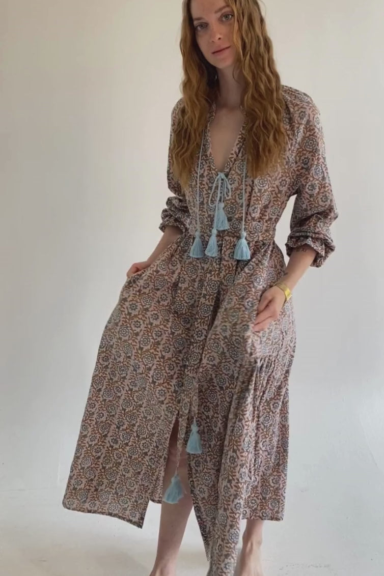 Maxi Kaftan in Dahlia Dreams Print With Baby Blue Tassels ~ PRE ORDER