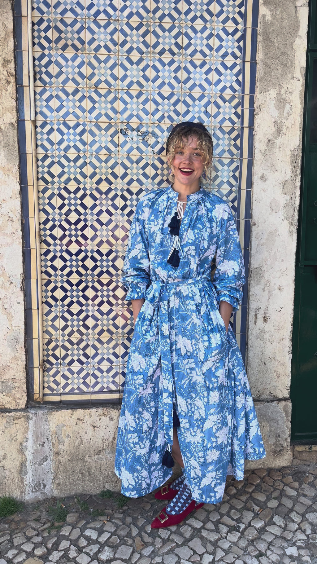 Maxi Kaftan in Blue Sky Print With White and Blue Tassels - PRE ORDER