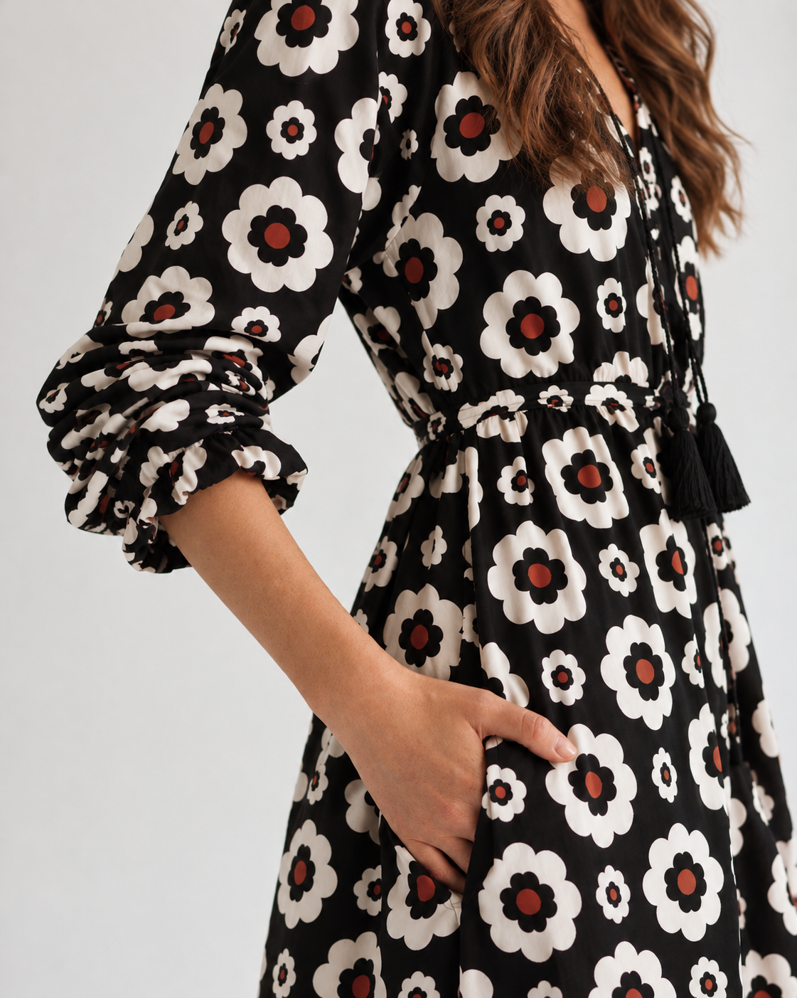 Maxi Kaftan in Black Daisy with Black Tassels - PRE ORDER